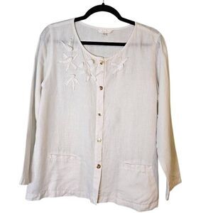 Kleen oversized linen top with floral applique, white. XS. #992